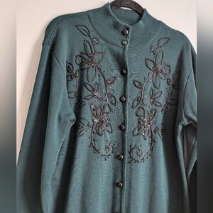 VTG Liz Claiborne Wool Blend Green Beaded Button Down Sweater Dress Maxi Size L